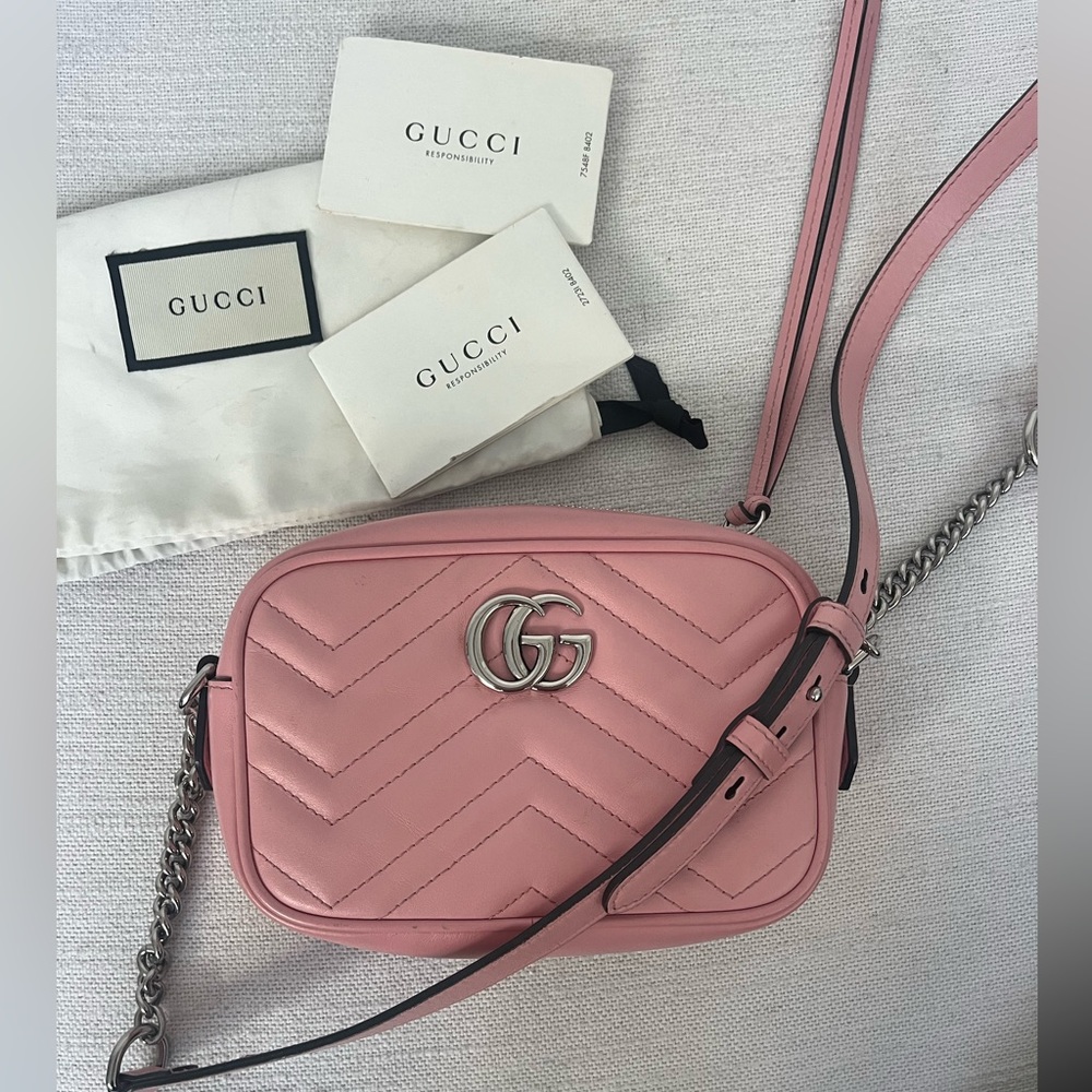 Gucci GG Matelassé Marmont Mini Shoulder Bag in Pink with Silver (RARE COLOR)
